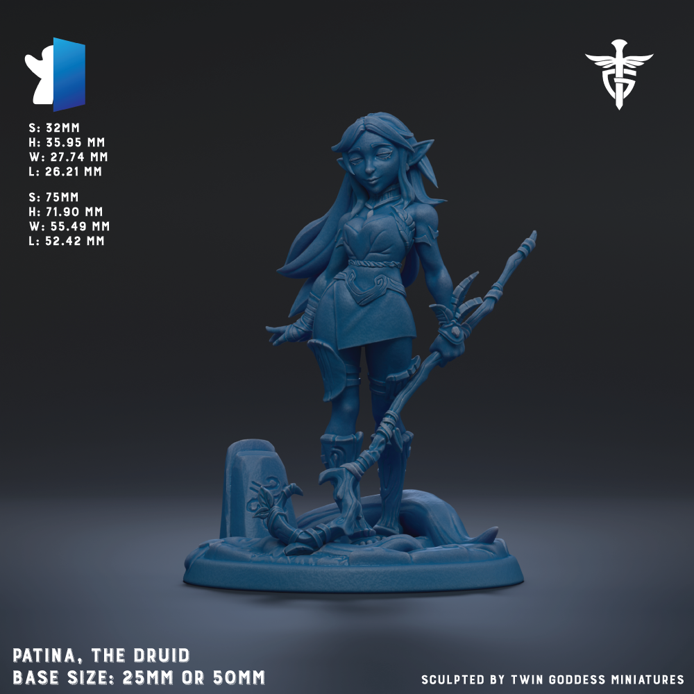 a figurine of a female character, specifically the Druid, with a detailed and intricate design. The figurine is shown in a 3D rendering, standing on a base that is either 25mm or 50mm in size. The image is a collaboration of multiple images, and it is described as a "collage of images" rather than a single image. The image is not a description of the individual images, but rather a collection of images that together form a single image.