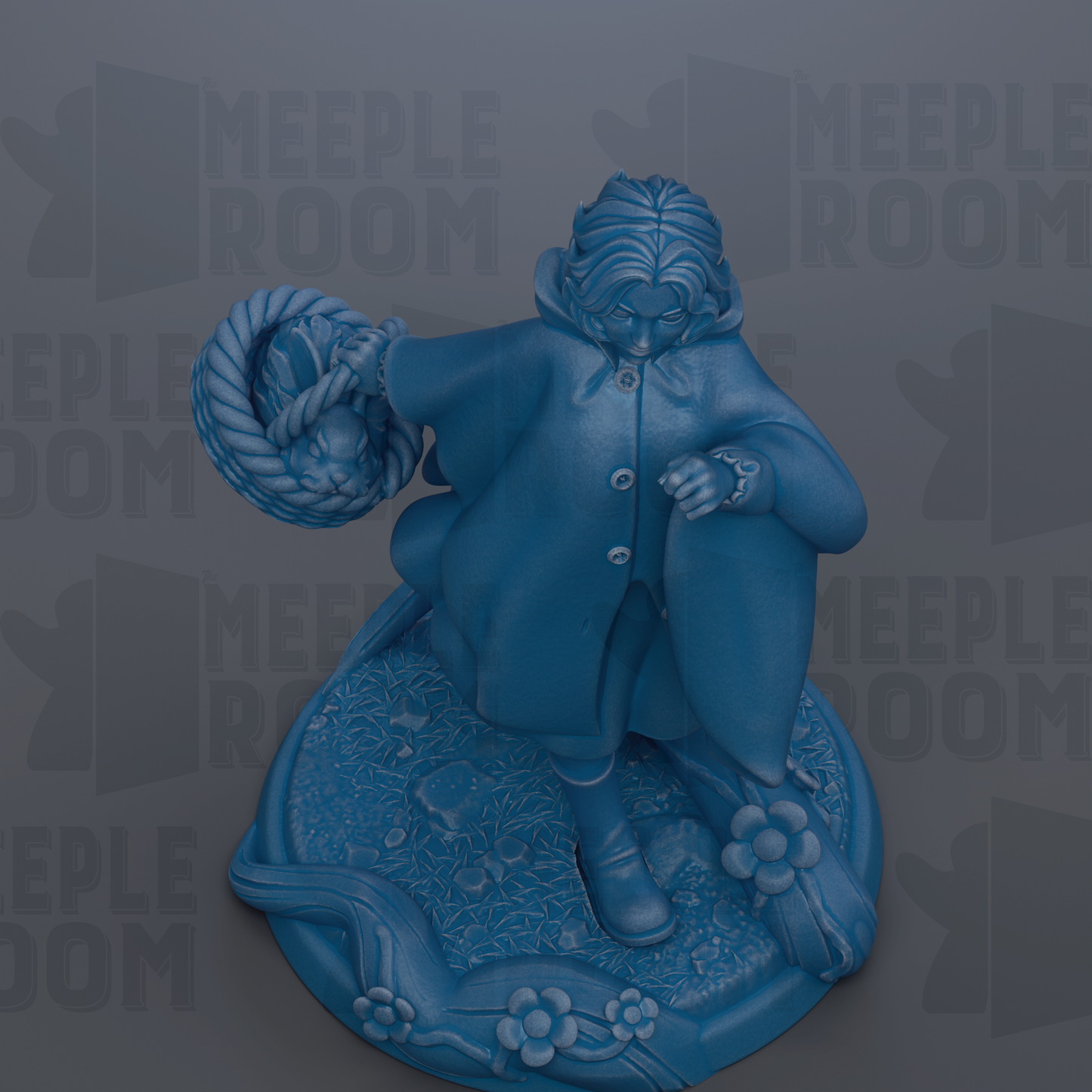A blue figurine of a woman holding a basket and a flower, standing on a decorative base with floral designs.