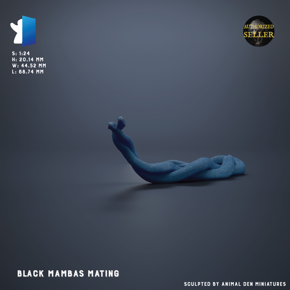 The image is a 3D rendering of a black mamba snake, which is a type of snake commonly found in the African savannah. The snake is shown in a curled position, with its head and body visible. The background of the image is a dark blue color, which contrasts with the snake's black coloration. The image does not contain any text or other objects, and it is a simple, clear depiction of the mamba snake.
