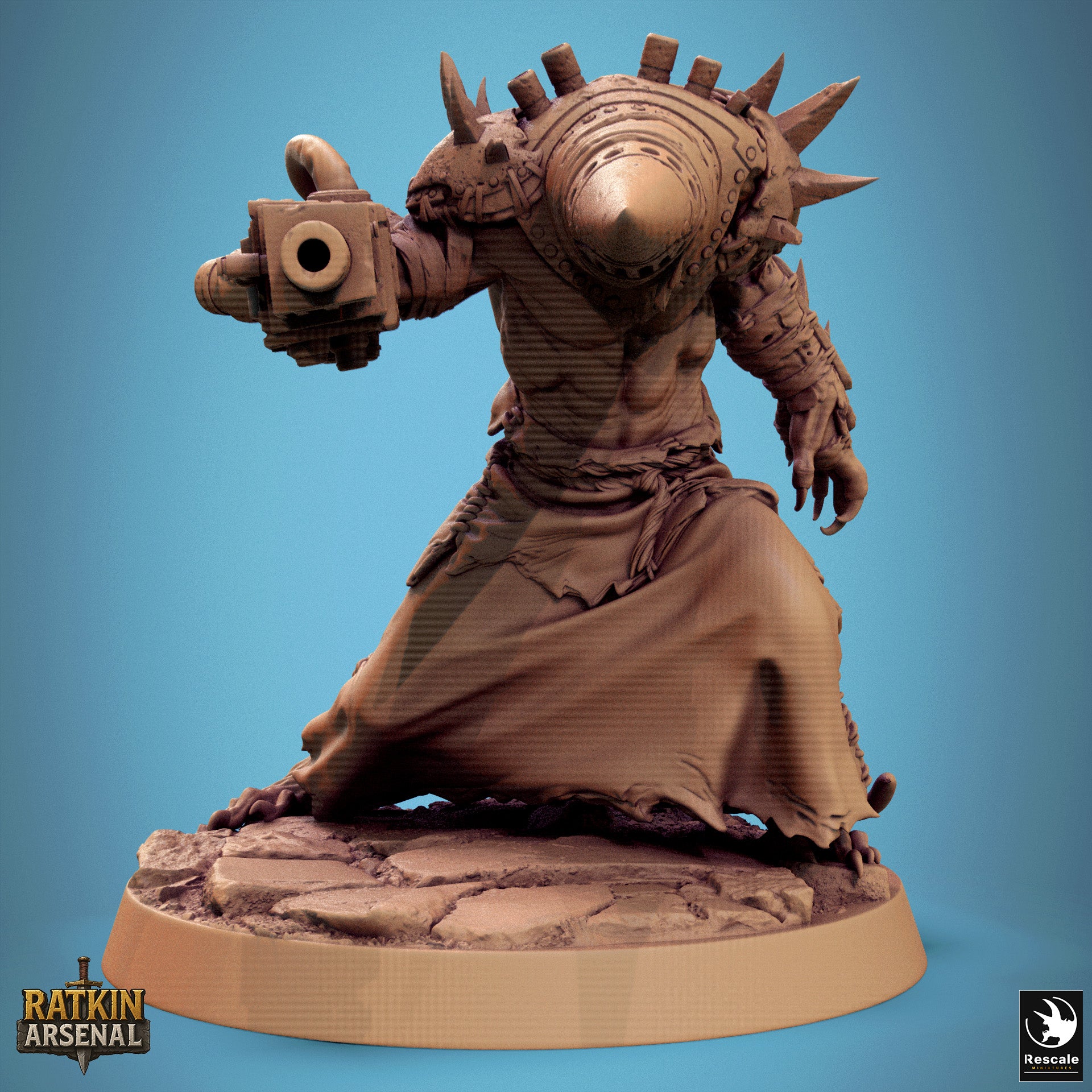 A 3D model of a heavily armored and battle-ready character, possibly a warrior or warrior-like figure, is depicted in the image.