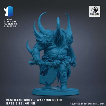 a large, detailed statue of a pestilent creature, possibly a walking death, with a blue color scheme. The statue is shown in a standing position, and it appears to be a miniature of a larger figure. The base size of the statue is 40 mm.
