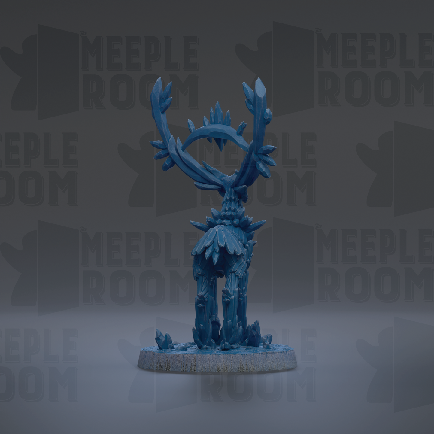 A blue, abstract sculpture with a stylized, organic shape stands on a base, surrounded by a repeating pattern of the word "MEIPLLE ROOM" in the background.