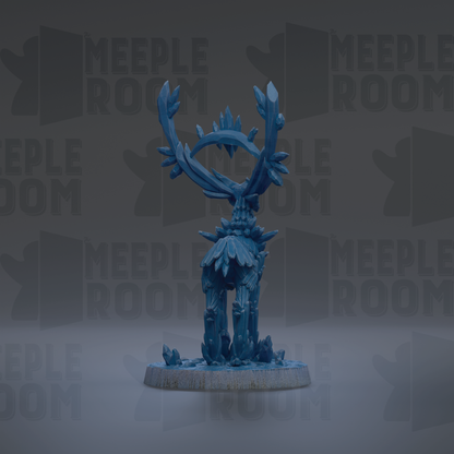 A blue, abstract sculpture with a stylized, organic shape stands on a base, surrounded by a repeating pattern of the word "MEIPLLE ROOM" in the background.