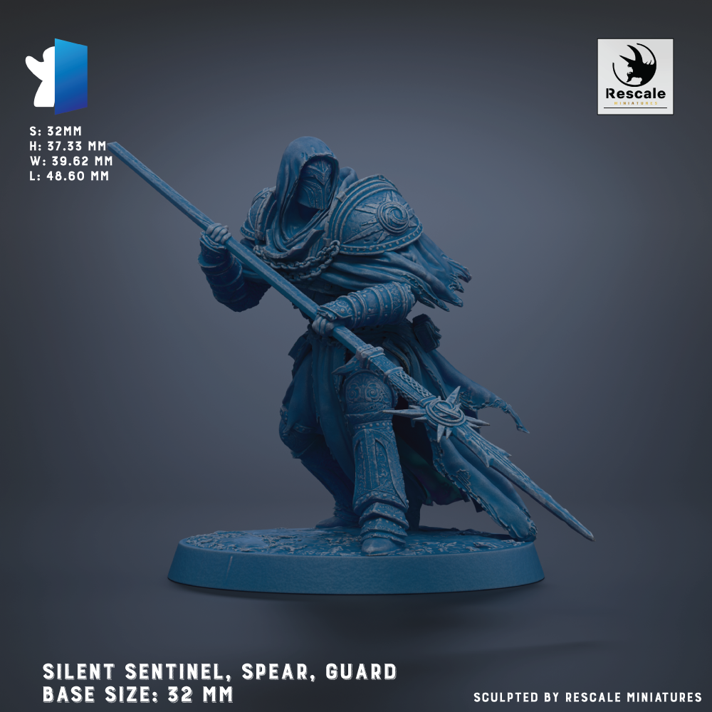 A detailed 3D model of a warrior figure, including a shield, spear, and sword, standing in a fighting stance. The figure is depicted in a dynamic fighting pose, with a sword in hand and a shield on the back. The base size of the figure is 32 mm.