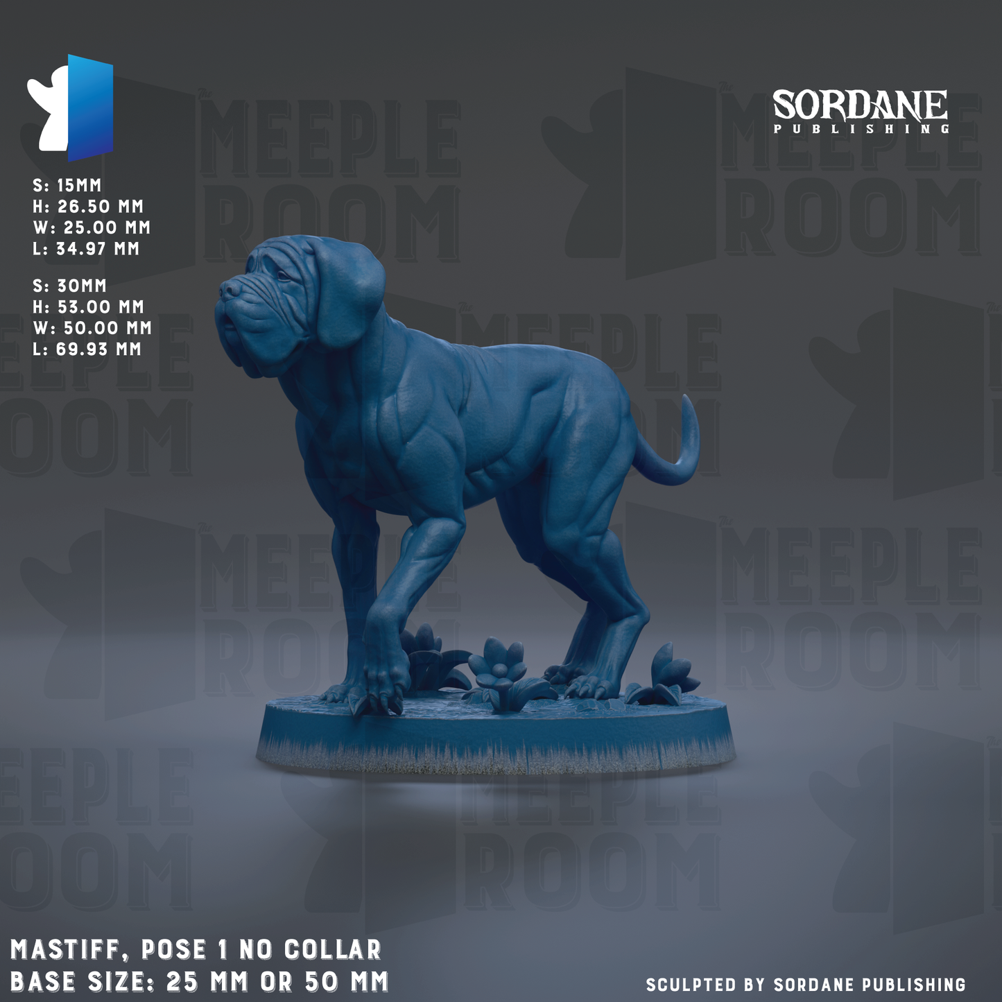 A blue dog statue with a no-collar pose, standing on a blue base. The statue is described as having a mastiff-like body and a pose with no collar. The base sizes are 25 mm or 50 mm. The image is a collage of multiple images, and it is described as being sculpted by Sordane Publishing.