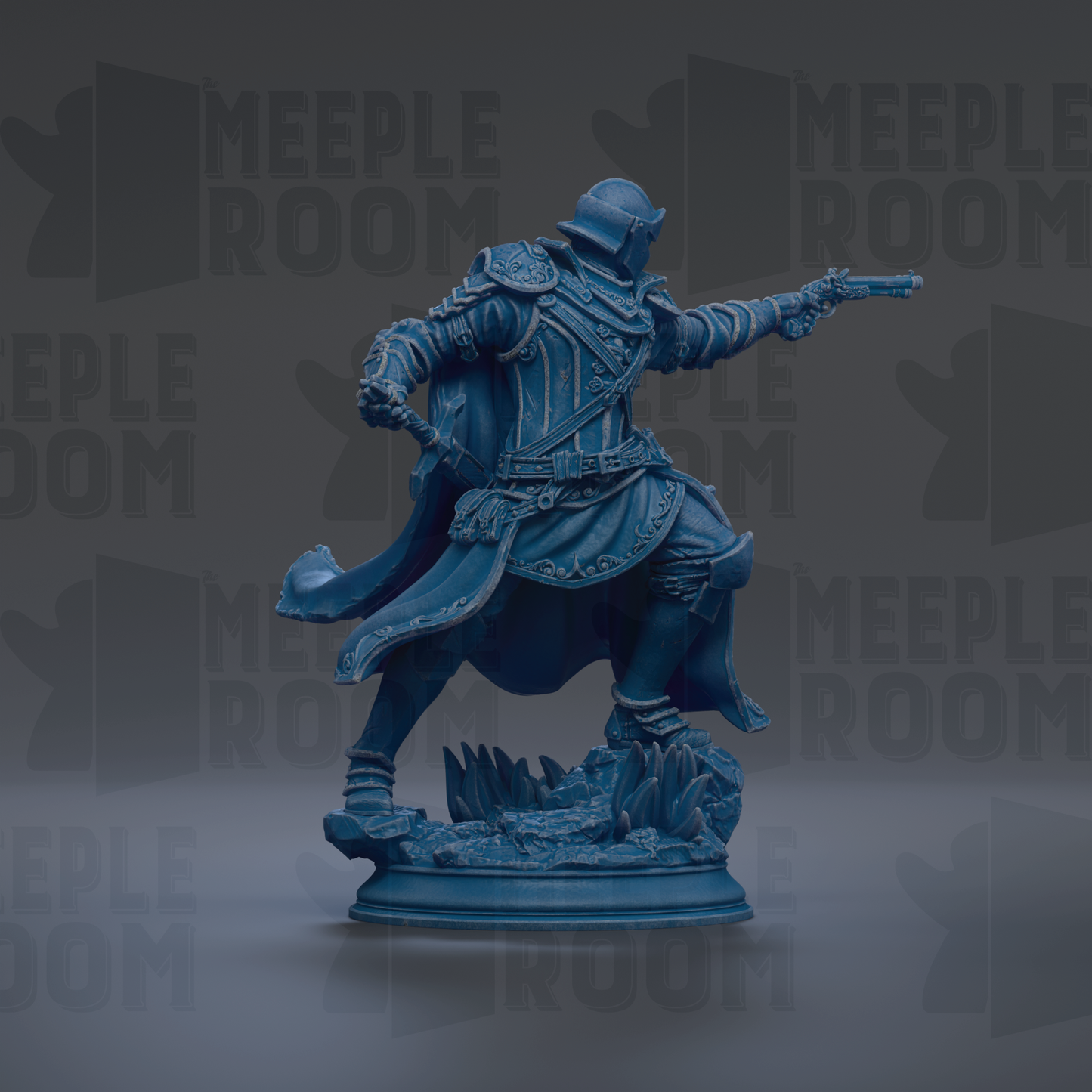 A blue statue of a warrior figure with a sword and shield, standing on a base and holding a shield in one hand.