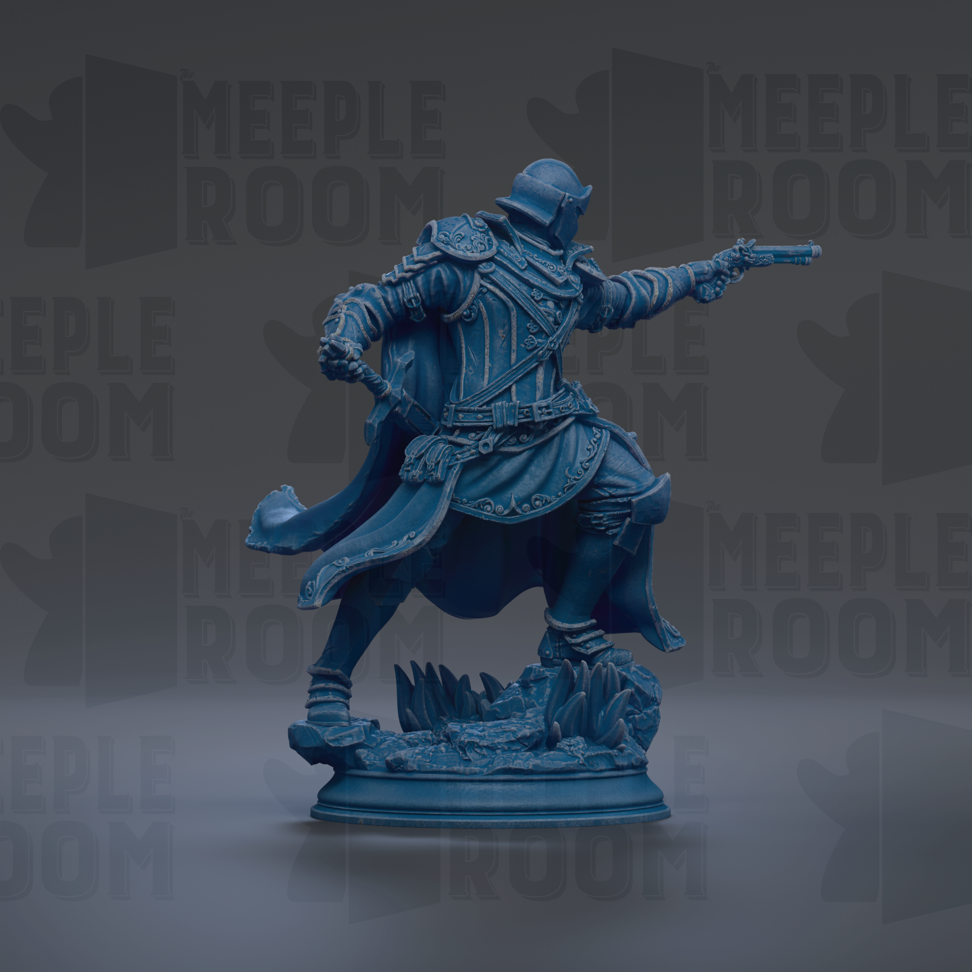 A blue statue of a warrior figure with a sword and shield, standing on a base and holding a shield in one hand.