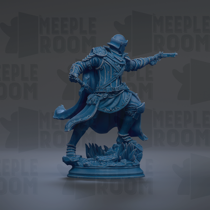 A blue statue of a warrior figure with a sword and shield, standing on a base and holding a shield in one hand.