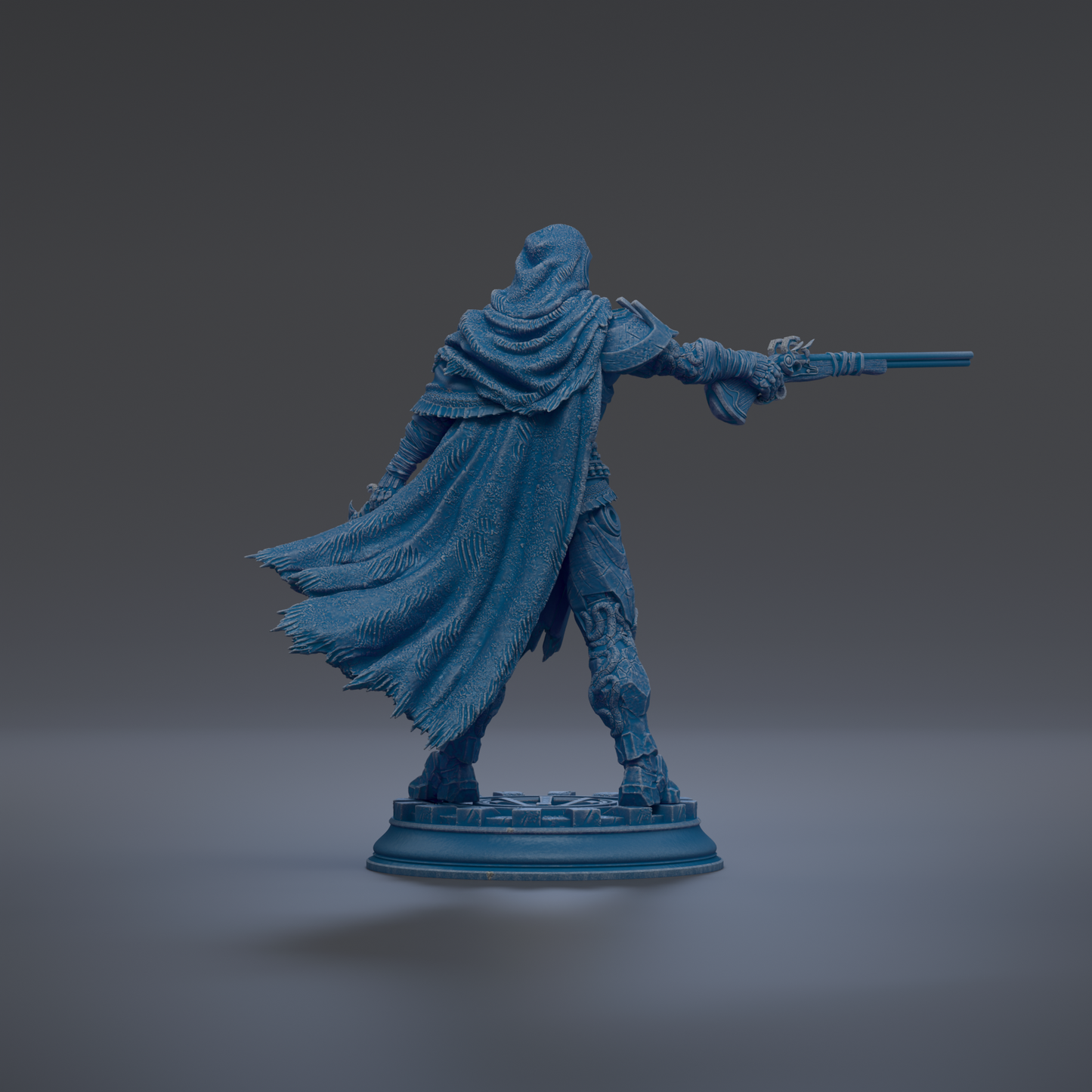 A 3D rendering of a figure in a cape, holding a weapon, standing on a platform against a dark background.