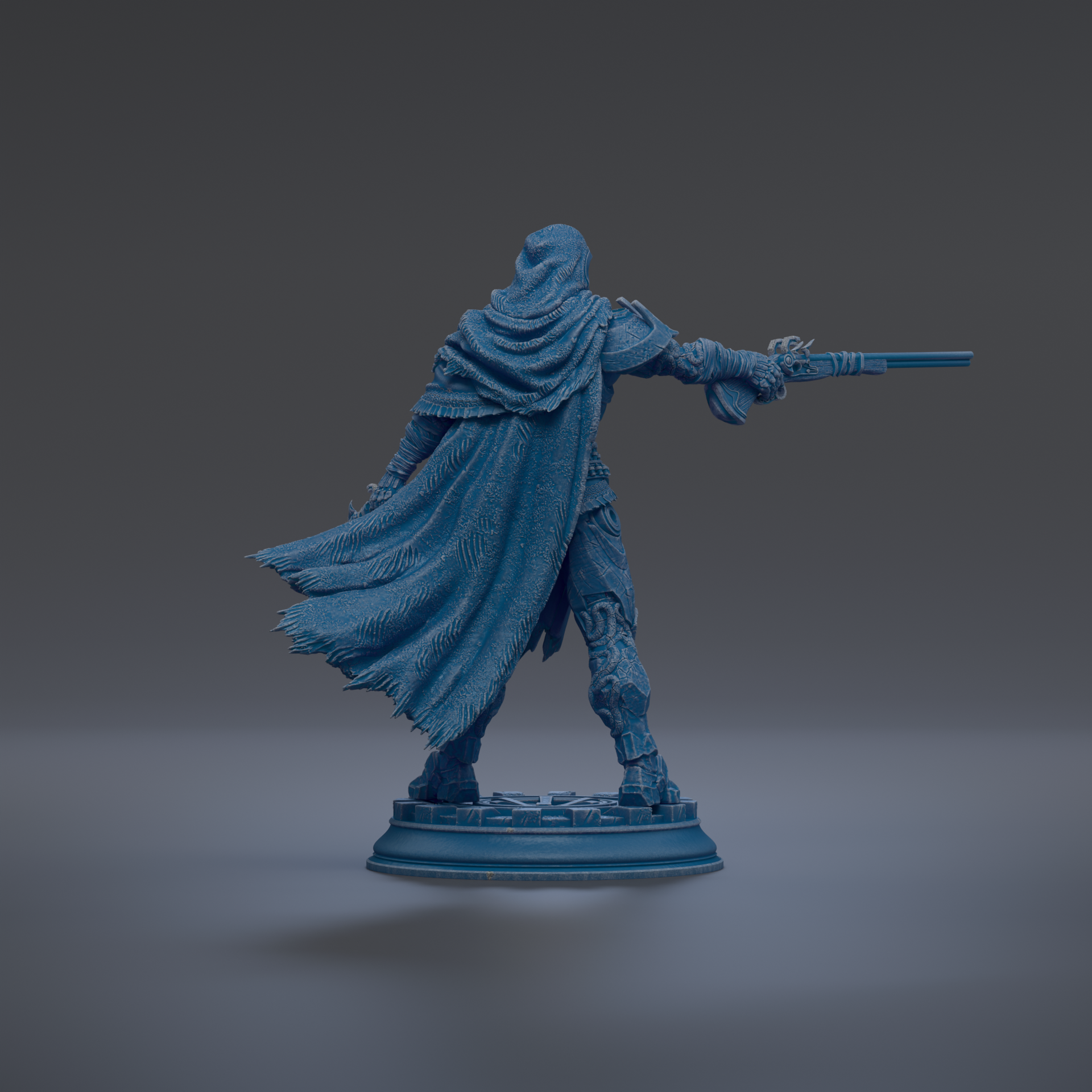A 3D rendering of a figure in a cape, holding a weapon, standing on a platform against a dark background.