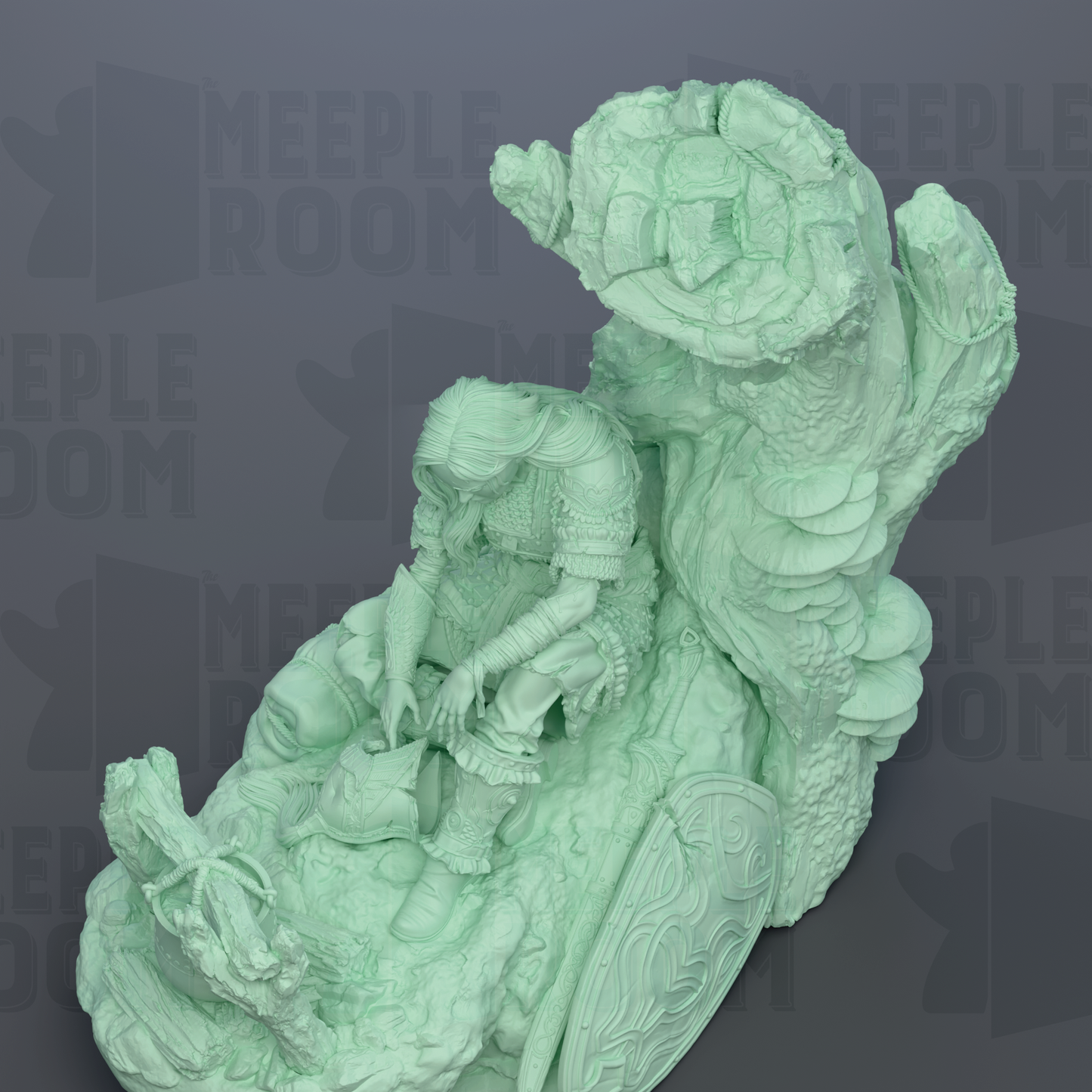 A green, sculpted statue depicting a figure sitting on a rock, with a shield and other objects in the background.