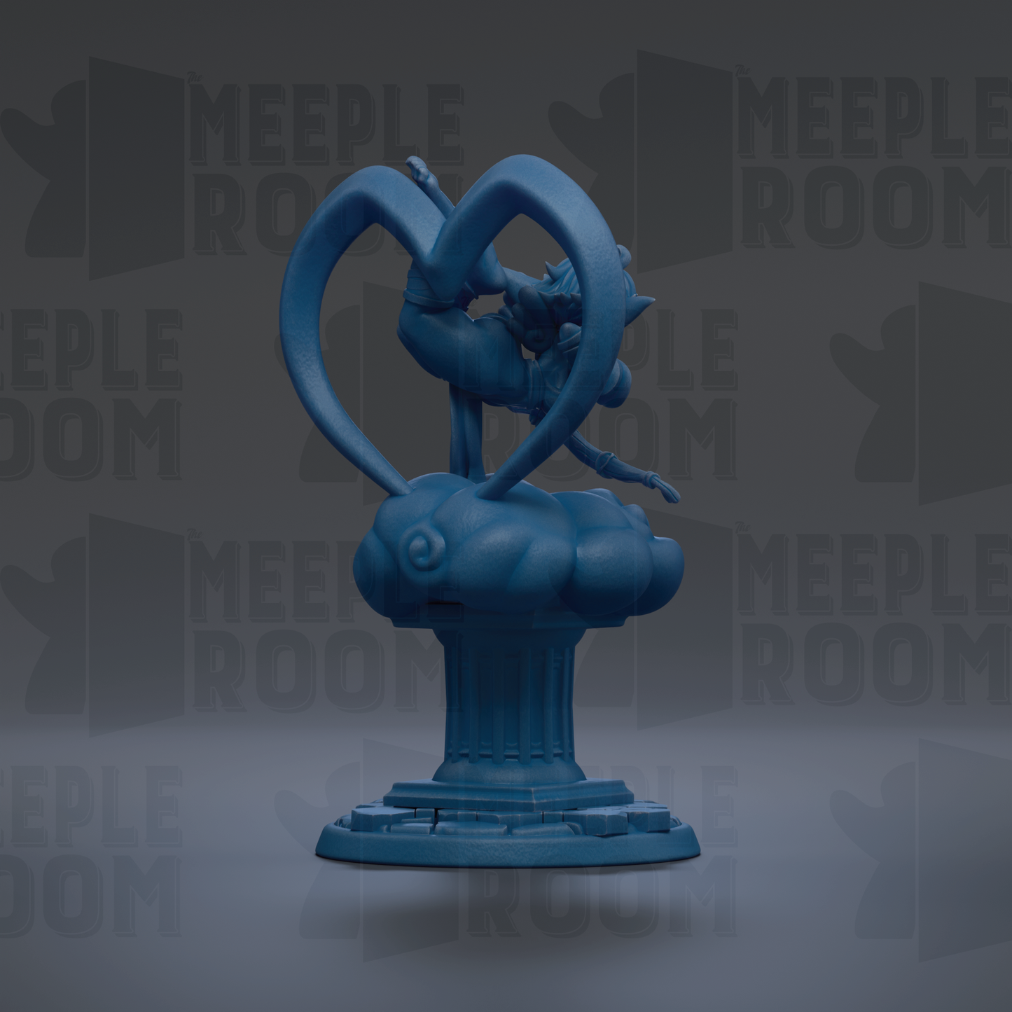 A blue statue of a person in a dynamic pose, standing on a pedestal, against a dark background with repeated text.