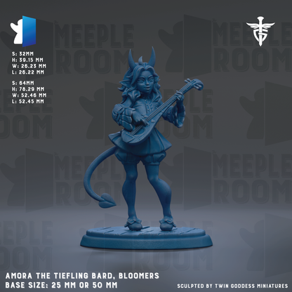 a figurine of a character named "Amor the Tiefling Bard, Bloomers" holding a musical instrument, possibly a guitar or flute. The figurine is described as a "base size: 25mm or 50mm" and is shown against a dark background with repeated text and logos.