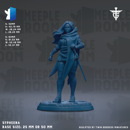a blue figurine of a female character, likely a deity or goddess, standing on a base and holding a weapon. The figurine is described as being 25mm or 50mm tall and is shown in a dynamic pose, with a cape billowing behind her. The image is a collage of multiple images, and the base size of the figurine is either 25mm or 50mm. The figurine is sculpted by Twin Goddess Miniatures.