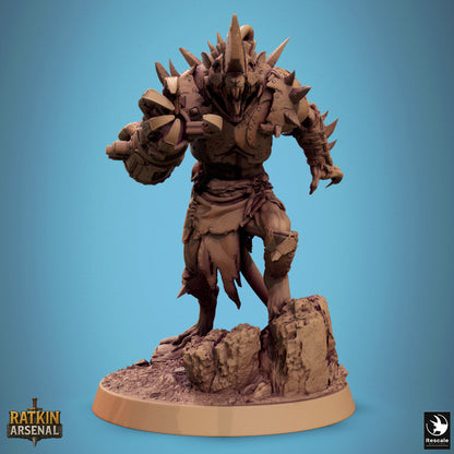 A 3D rendering of a large, armored creature with spikes on its body, standing on a rocky base.