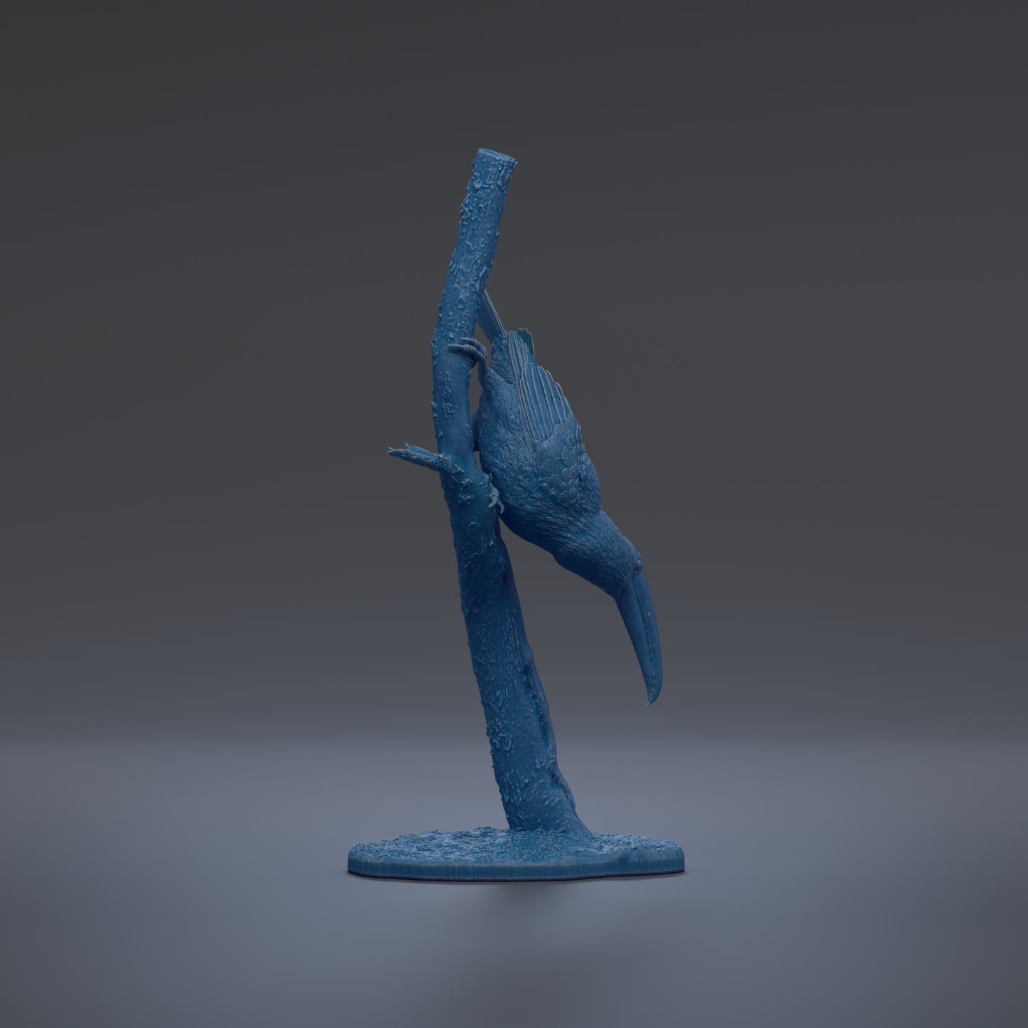 A blue bird figurine perched on a branch against a dark background.