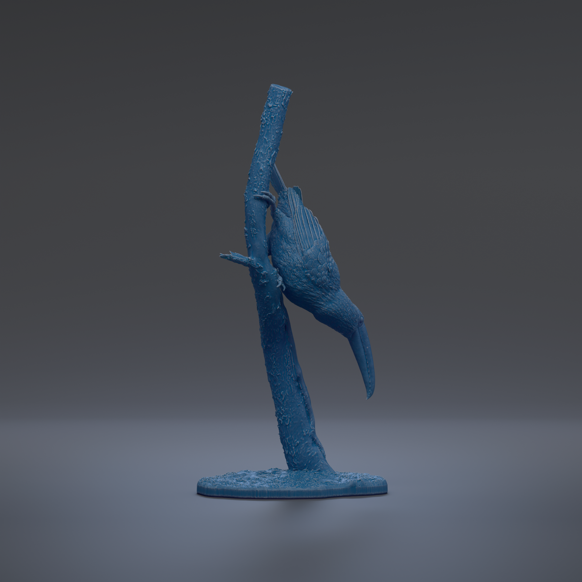 A blue bird figurine perched on a branch against a dark background.