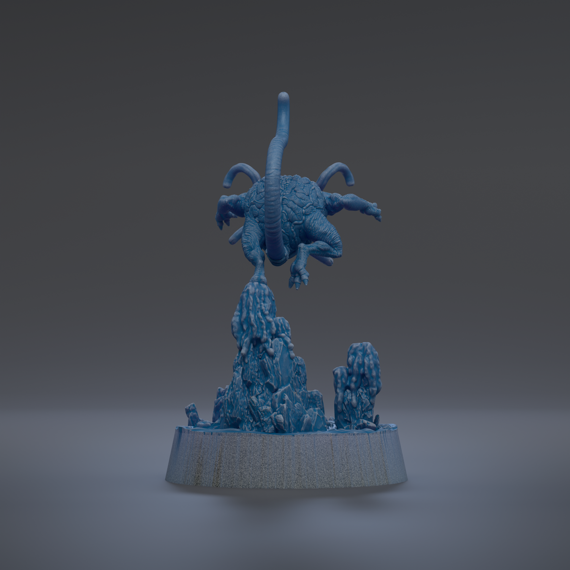 A 3D rendering of a blue, fantastical creature with multiple arms and legs, standing on a platform with rocks and other natural elements.