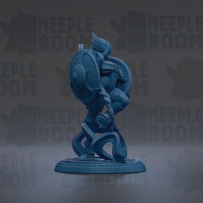 A blue statue of a figure holding a shield and sword, standing on a base.