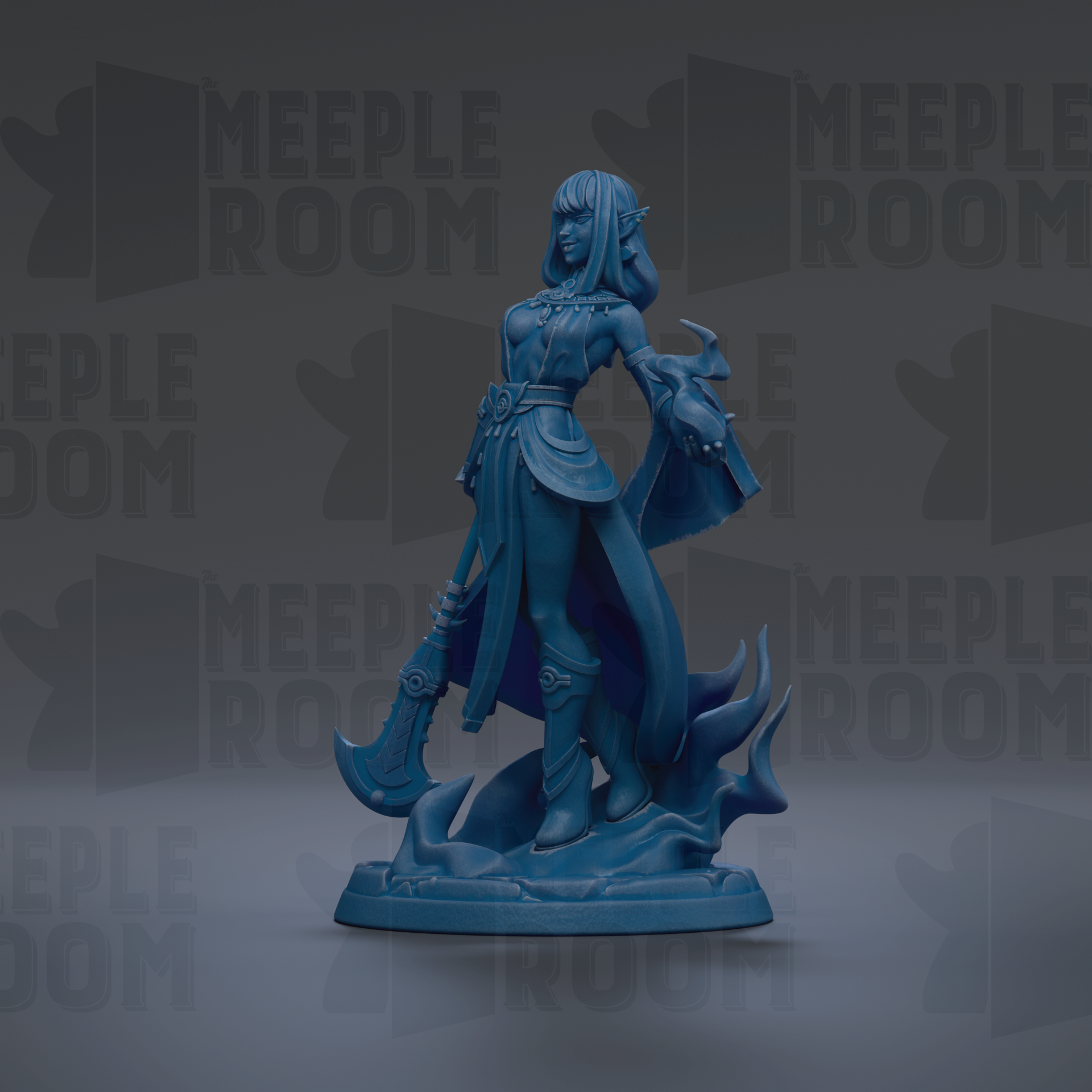 A blue figurine of a female character with long hair and a flowing robe, holding a weapon, standing on a base with flames or fire behind her.