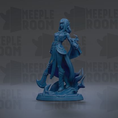 A blue figurine of a female character with long hair and a flowing robe, holding a weapon, standing on a base with flames or fire behind her.