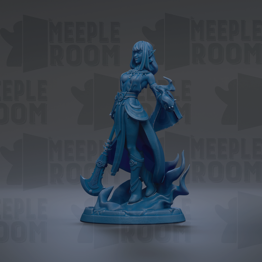 A blue figurine of a female character with long hair and a flowing robe, holding a weapon, standing on a base with flames or fire behind her.