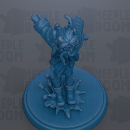 A blue, abstract sculpture with a dynamic pose, standing on a circular base.