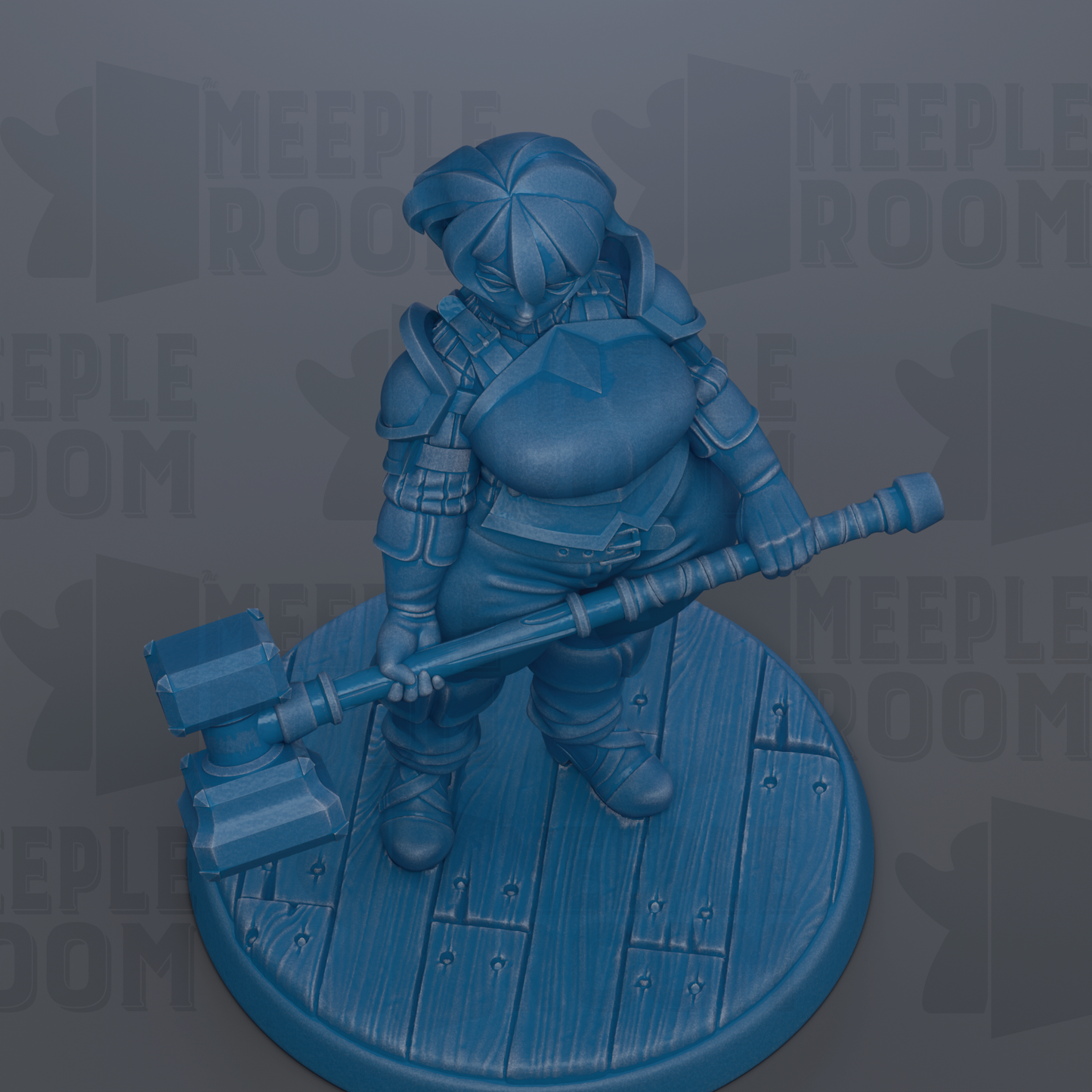 A blue figurine of a person holding a hammer and standing on a wooden platform.