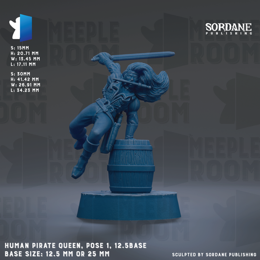 The image is a 3D model of a human pirate queen, with a barrel as the base. The pirate queen is shown in a pose, with her sword raised and her hair flowing. The image is published by Sordane Publishing.