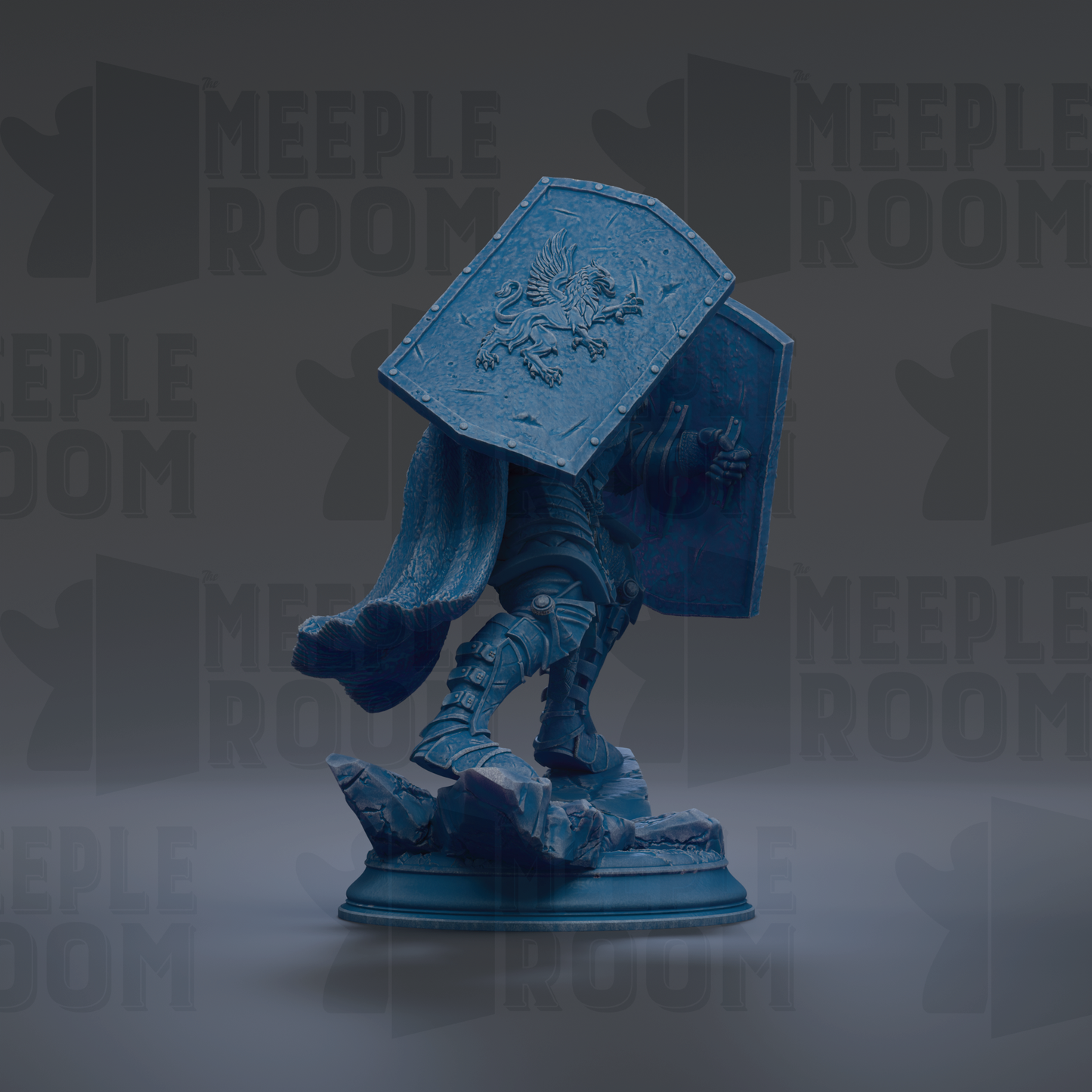 A blue statue of a knight holding a shield and sword, standing on a pedestal.