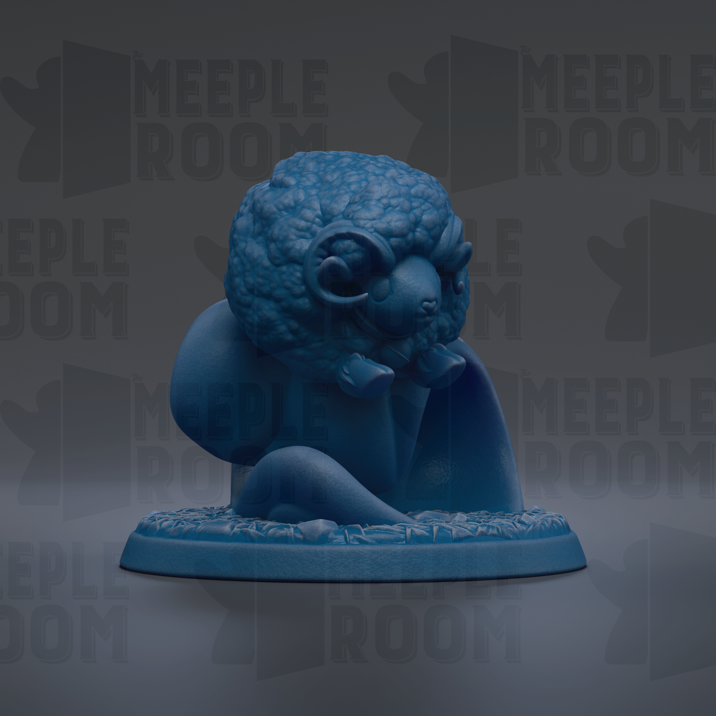 A blue, 3D-rendered sheep figurine is sitting on a base against a dark background with repeated text.
