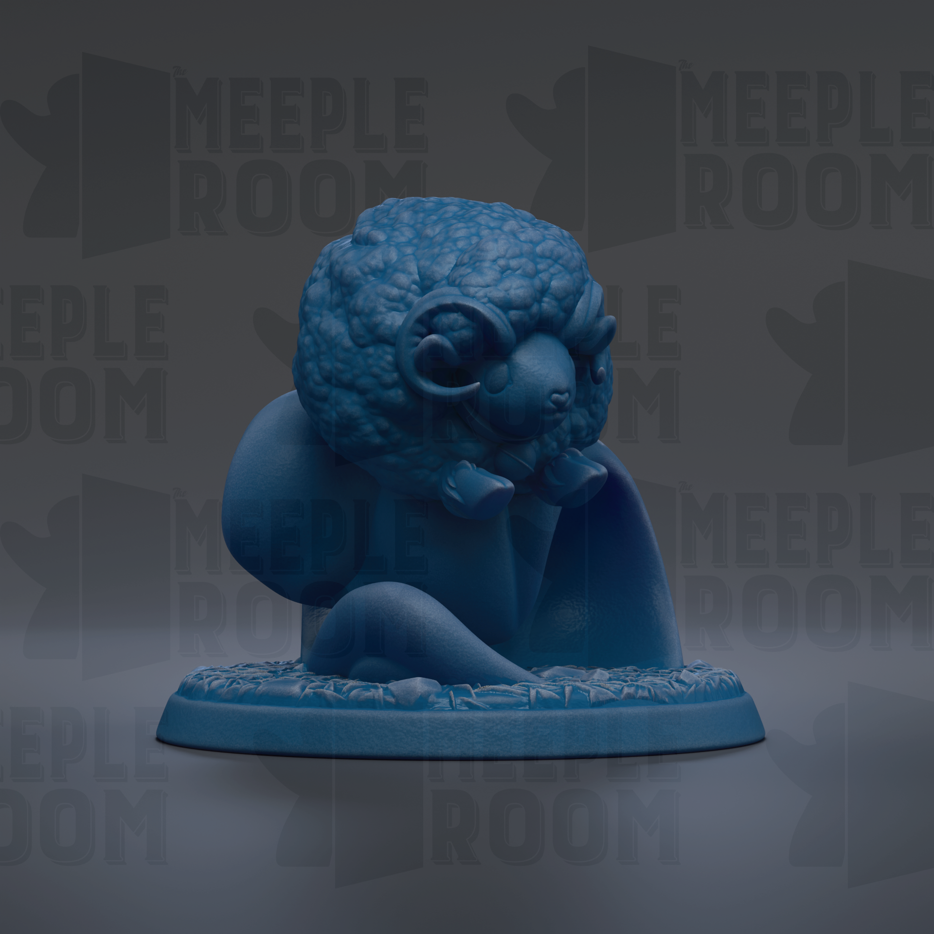 A blue, 3D-rendered sheep figurine is sitting on a base against a dark background with repeated text.