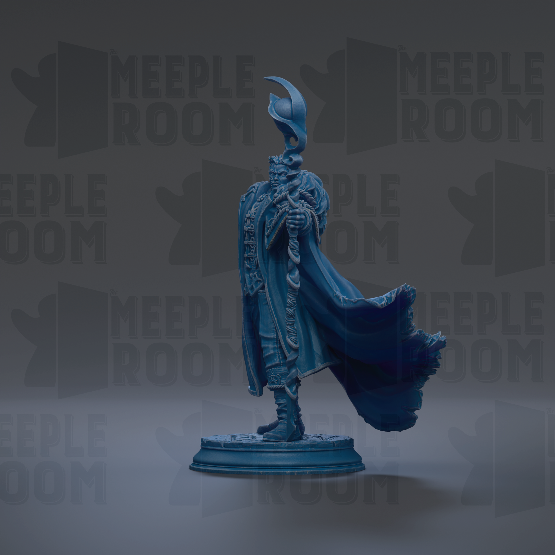 A blue statue of a figure with a long cape and a crescent moon on top, standing on a pedestal against a dark background with repeated text.