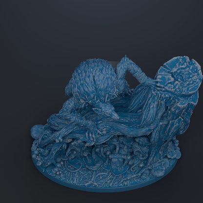 A 3D rendering of a fantastical creature, possibly a dragon or serpent, with intricate details and textures. The creature appears to be in a dynamic pose, with its head and body prominently featured. The background is dark, which contrasts with the creature and makes it stand out. The image does not contain any text or other discernible objects, and the creature is the sole focus of the image.