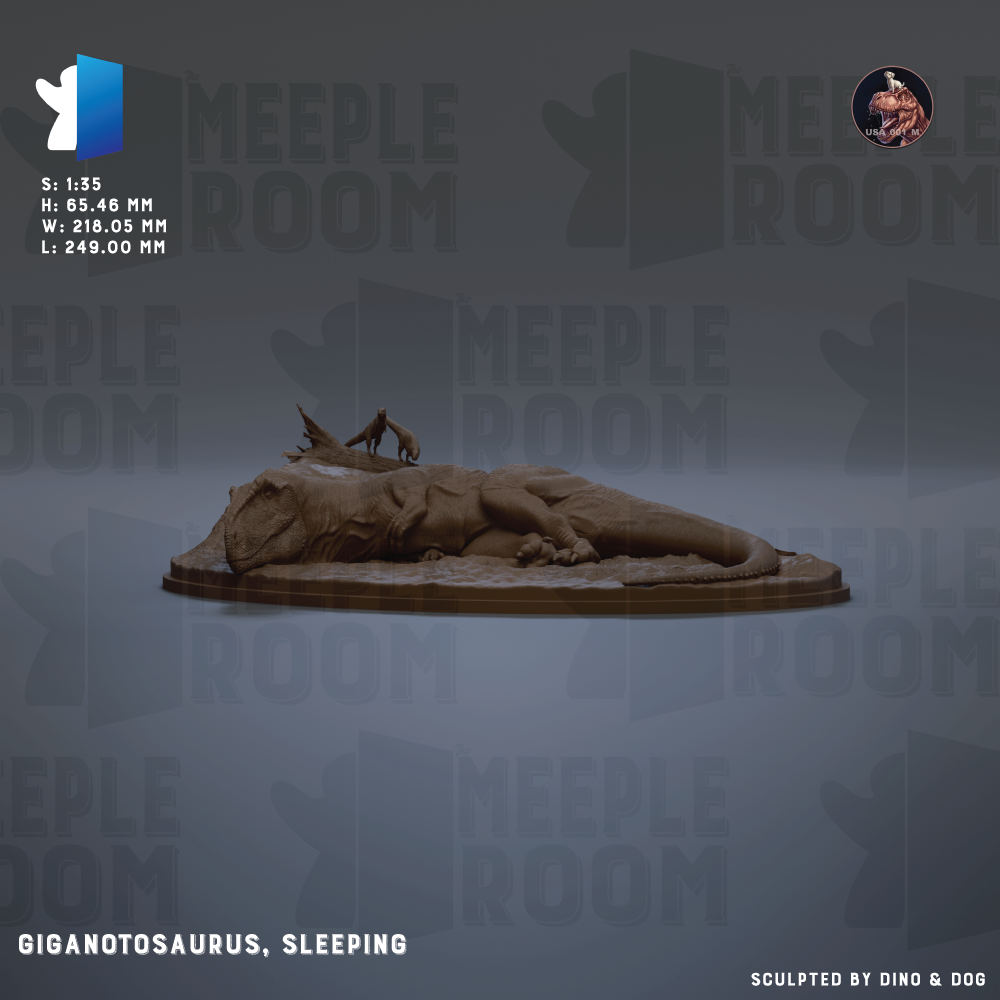 a large, brown dinosaur, specifically a Giganotosaurus, sleeping on a platform.
