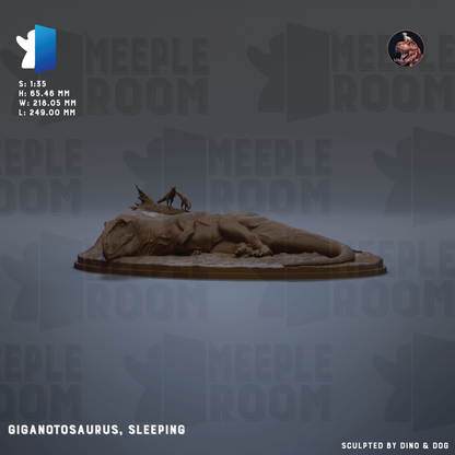 a large, brown dinosaur, specifically a Giganotosaurus, sleeping on a platform.