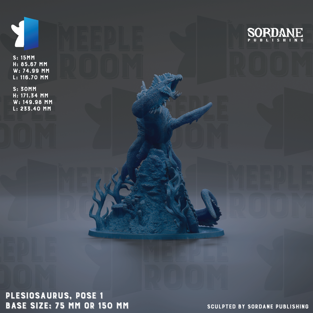 a blue sculpture of a Plesiosaurus, a mythical sea monster, posed on a rock formation. The sculpture is described as a "Plesiosaurus, pose 1" and has a base size of either 75 mm or 150 mm. The background of the image is a repeating pattern of the word "MEUPLEROOM".