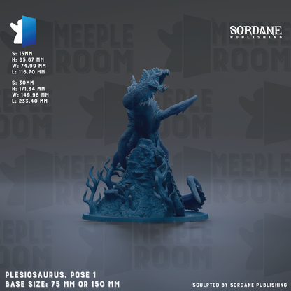 a blue sculpture of a Plesiosaurus, a mythical sea monster, posed on a rock formation. The sculpture is described as a "Plesiosaurus, pose 1" and has a base size of either 75 mm or 150 mm. The background of the image is a repeating pattern of the word "MEUPLEROOM".
