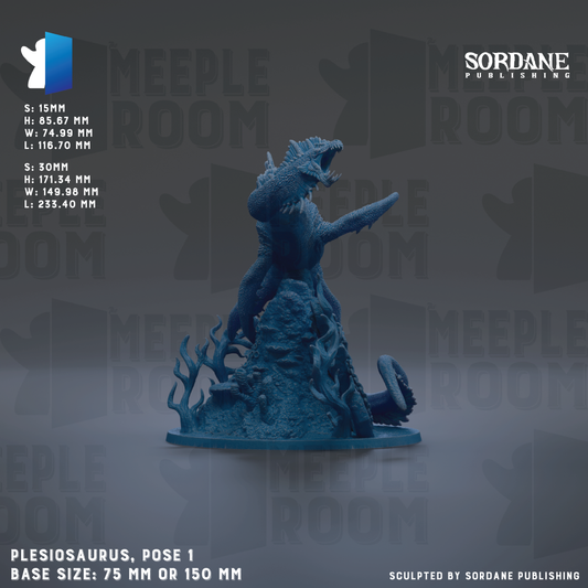 a blue sculpture of a Plesiosaurus, a mythical sea monster, posed on a rock formation. The sculpture is described as a "Plesiosaurus, pose 1" and has a base size of either 75 mm or 150 mm. The background of the image is a repeating pattern of the word "MEUPLEROOM".