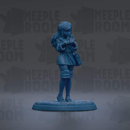 A blue figurine of a woman standing on a base, with the text "MEUPLE ROOM" repeated in the background.