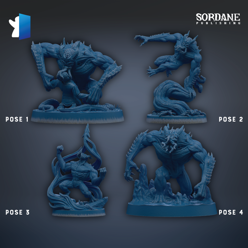 four different poses of a blue monster figurine, each with a unique pose and expression.