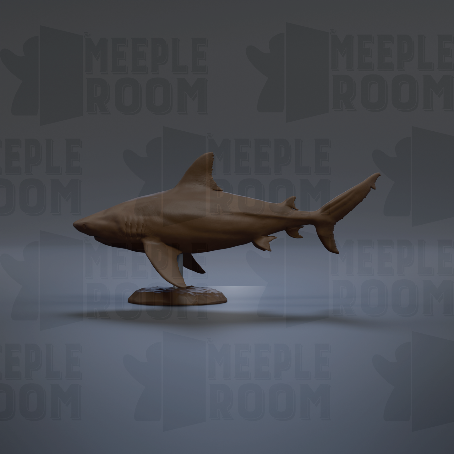 A 3D model of a shark is displayed against a gray background with repeated text.