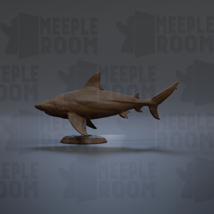 A 3D model of a shark is displayed against a gray background with repeated text.