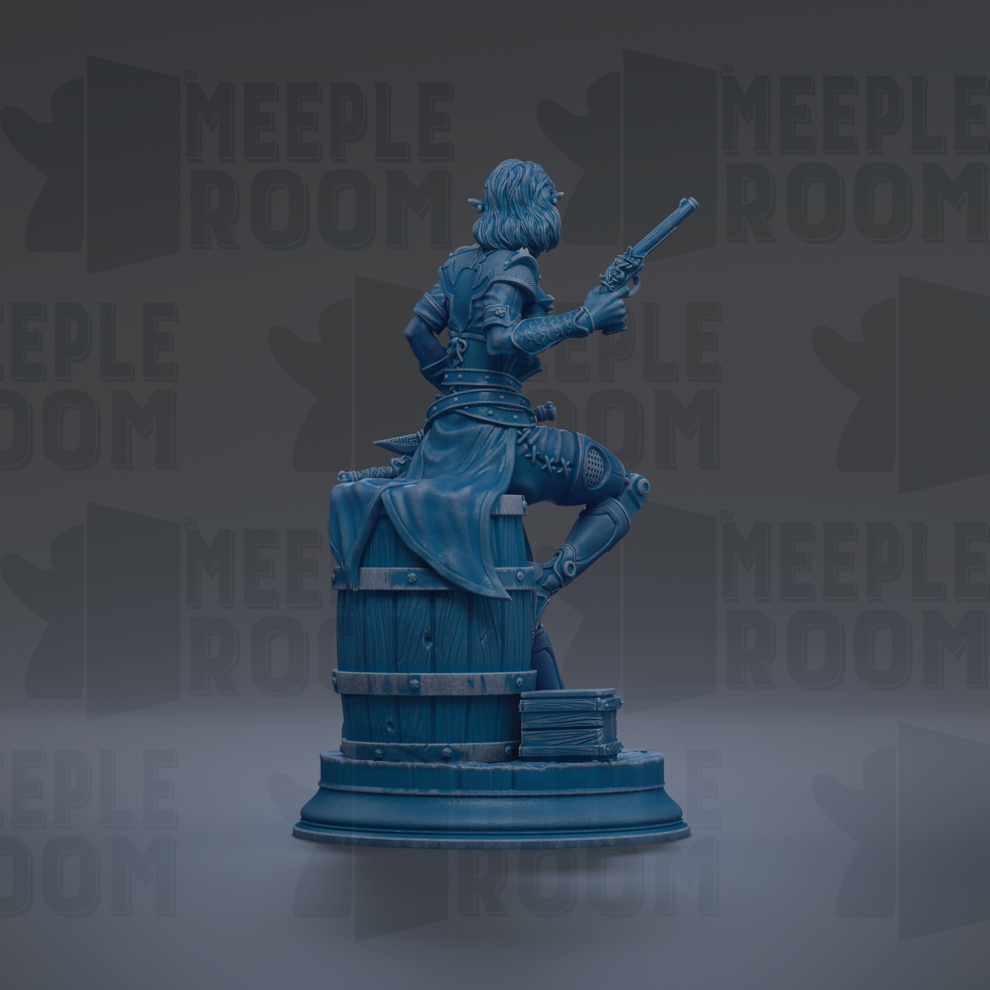 A 3D rendering of a pirate figure holding a gun, sitting on a barrel, with the text "MEUPLE ROOM" repeated in the background.