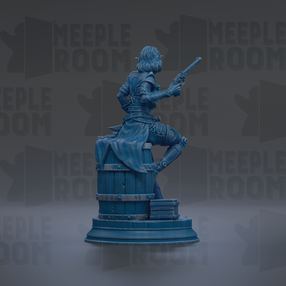 A 3D rendering of a pirate figure holding a gun, sitting on a barrel, with the text "MEUPLE ROOM" repeated in the background.