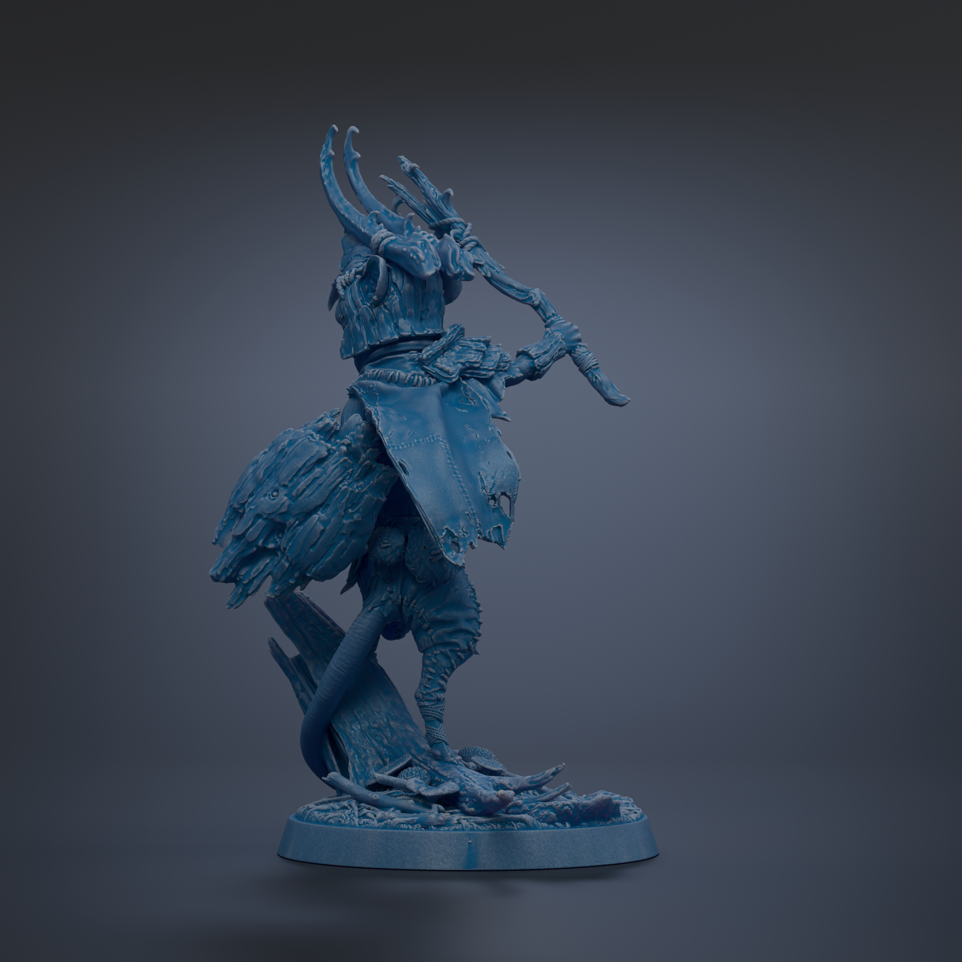 A blue, 3D-rendered figurine of a fantastical creature with horns and a long, curved weapon.