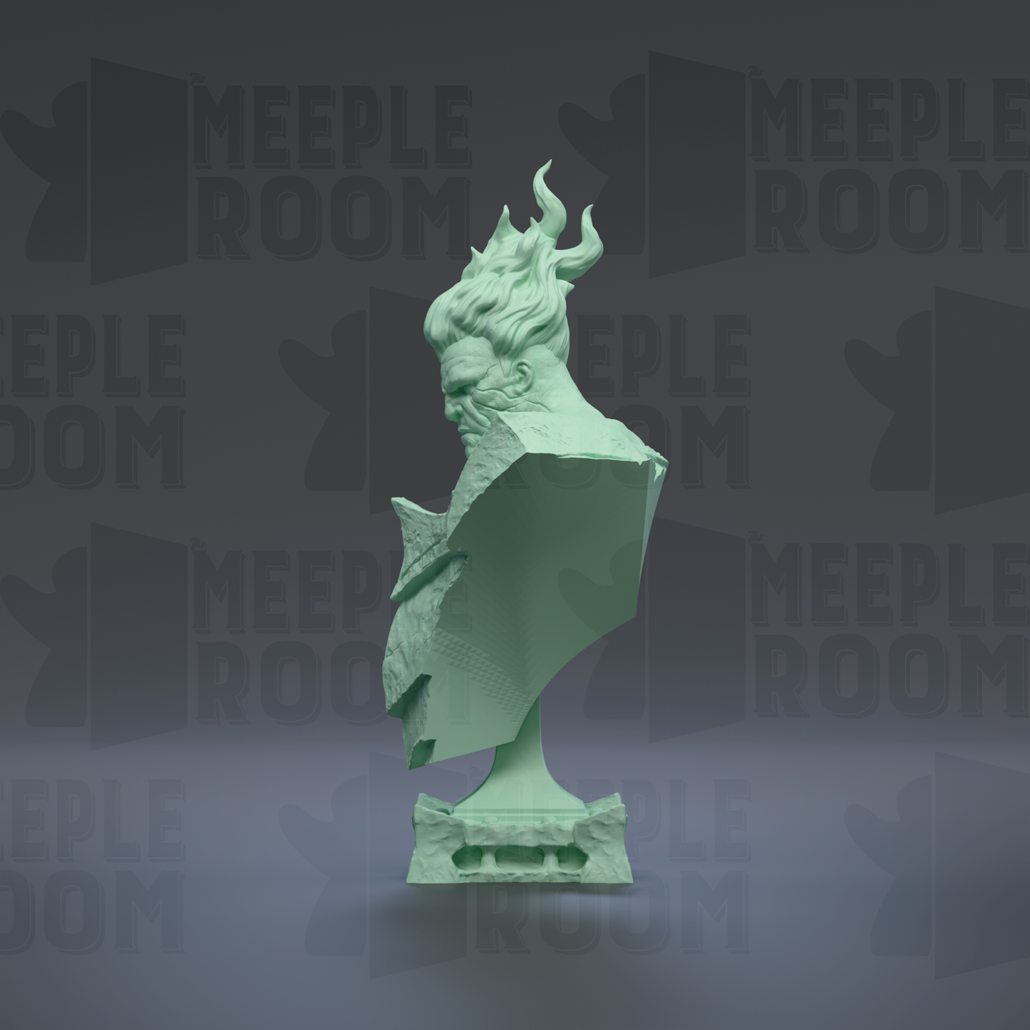 A green bust sculpture with a flame-like design on its head, set against a dark background with repeated text.