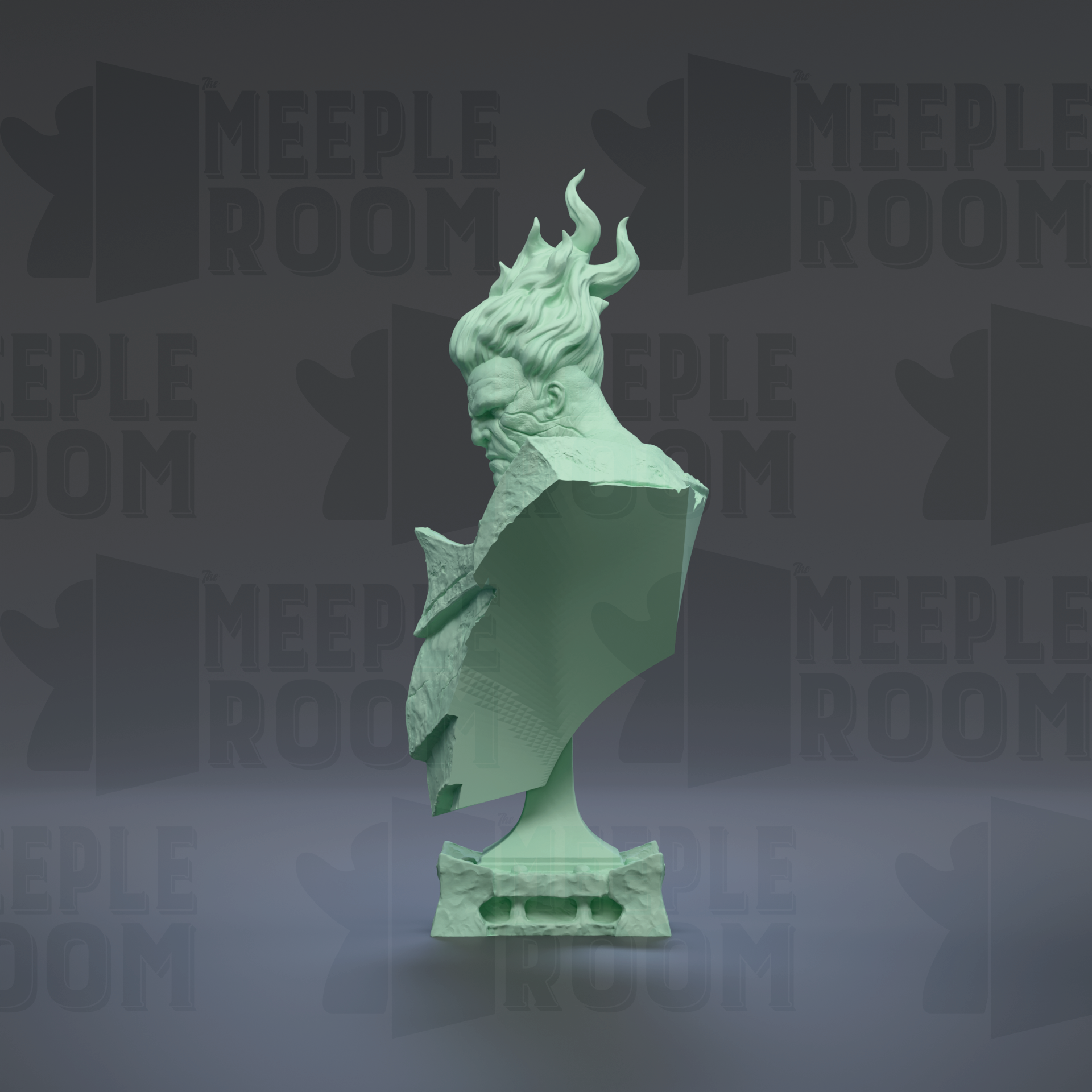 A green bust sculpture with a flame-like design on its head, set against a dark background with repeated text.