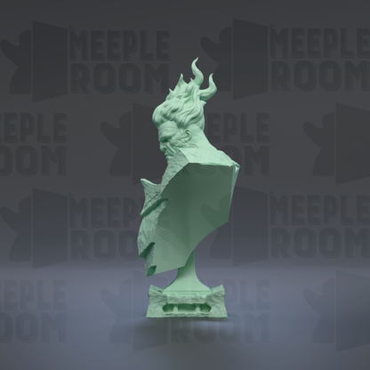 A green bust sculpture with a flame-like design on its head, set against a dark background with repeated text.
