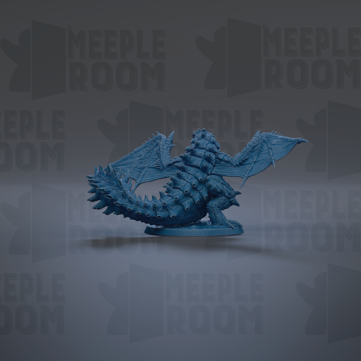 A blue dragon figurine is shown against a dark background with repeated text.